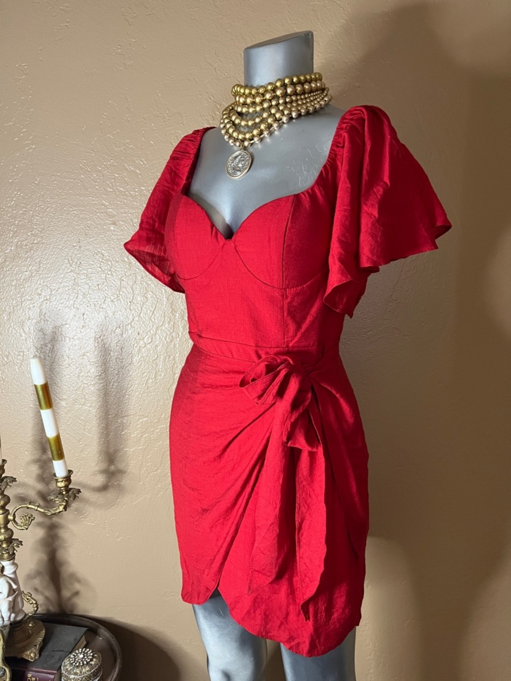 NWT Saints + Secrets Red Sweetheart Wrap Mini Dress with Flutter Sleeves.  Sz S
